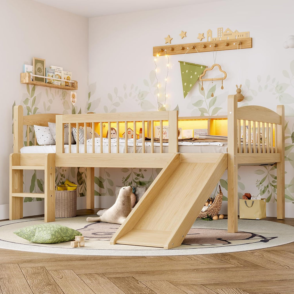 JIVOIT Twin XL Loft Bed with Storage Shelves, Solid Wood Lower Loft Bed with Full-Length Guardrails, Wood Slats Support, Space-Saving Design, No Box Spring Needed (Natural,Twin XL,51)