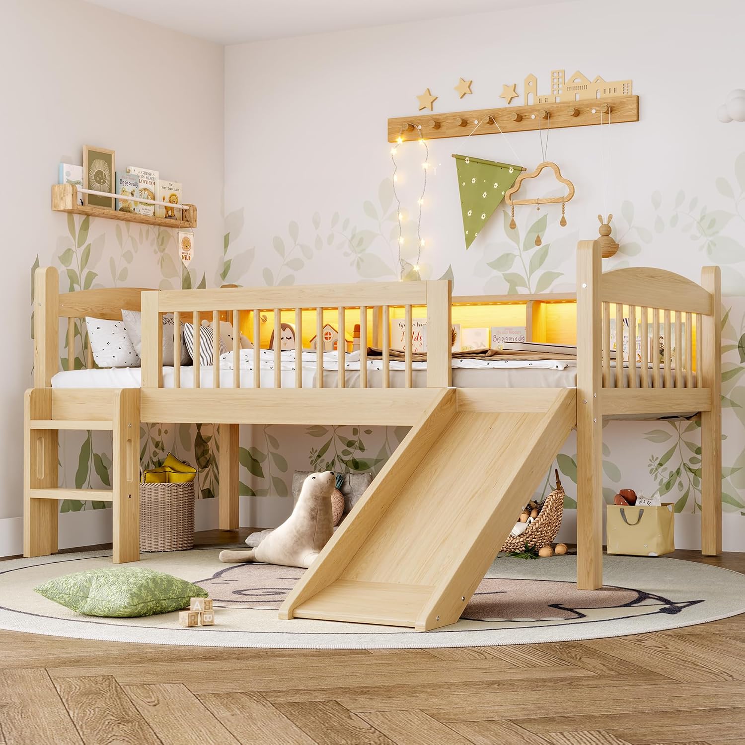 JIVOIT Twin XL Loft Bed with Storage Shelves, Solid Wood Lower Loft Bed with Full-Length Guardrails, Wood Slats Support, Space-Saving Design, No Box Spring Needed (Natural,Twin XL,51)