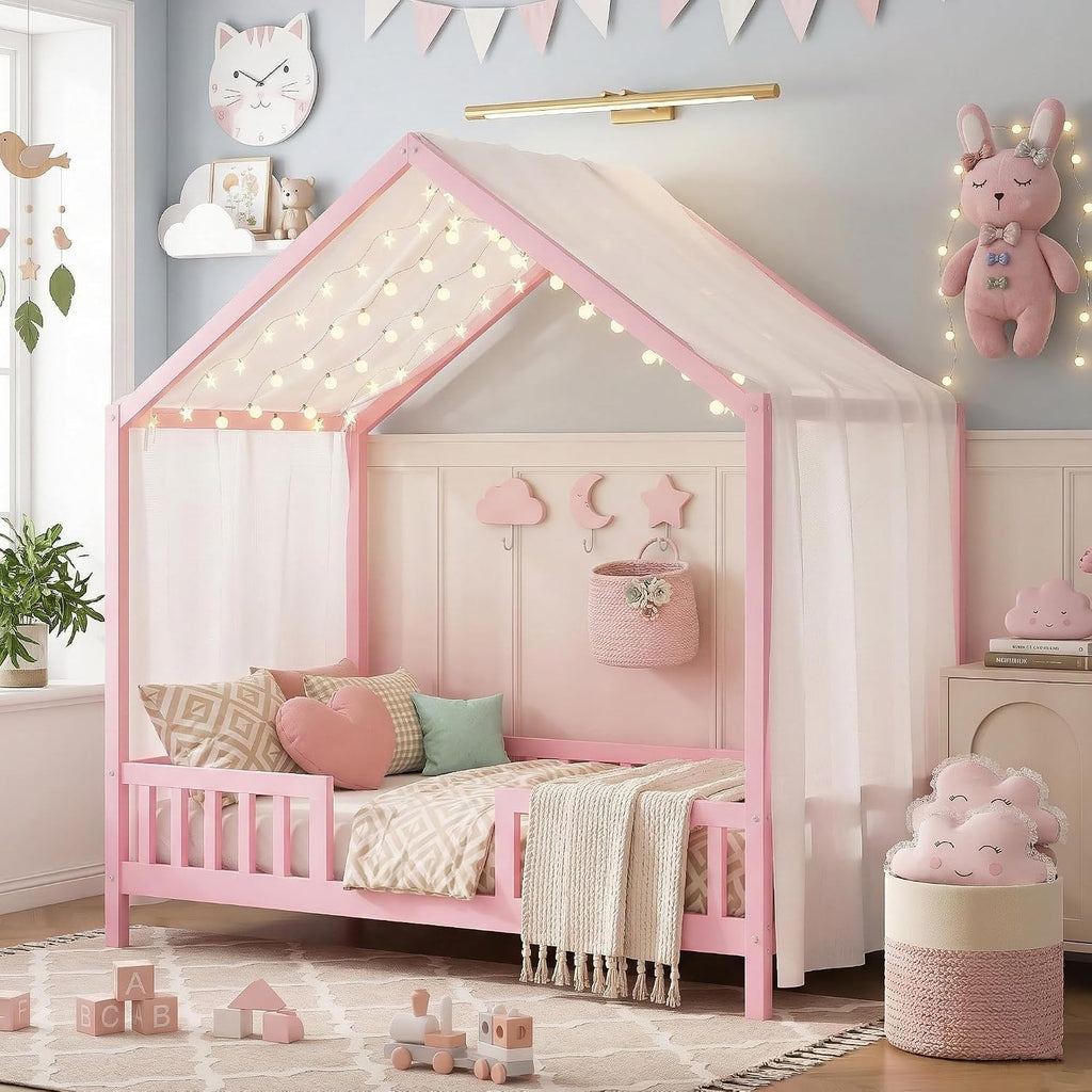 Twin Montessori Floor House Bed with High Rails, Wood Kids Low Floor Bed with Roof & Canopy, Montessori Twin Kids Bed Frame for Girls, Boys,No Box Spring Needed, Pink