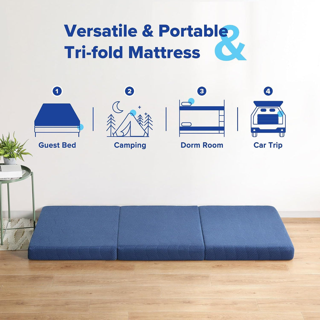 Olee Sleep Tri-Folding Memory Foam Mattress Topper, 4 Inch Gel Folding Mattress for Camping, Foldable Guest Bed, Washable Cover, CertiPUR-US Certified, Soft, Blue, Single Size