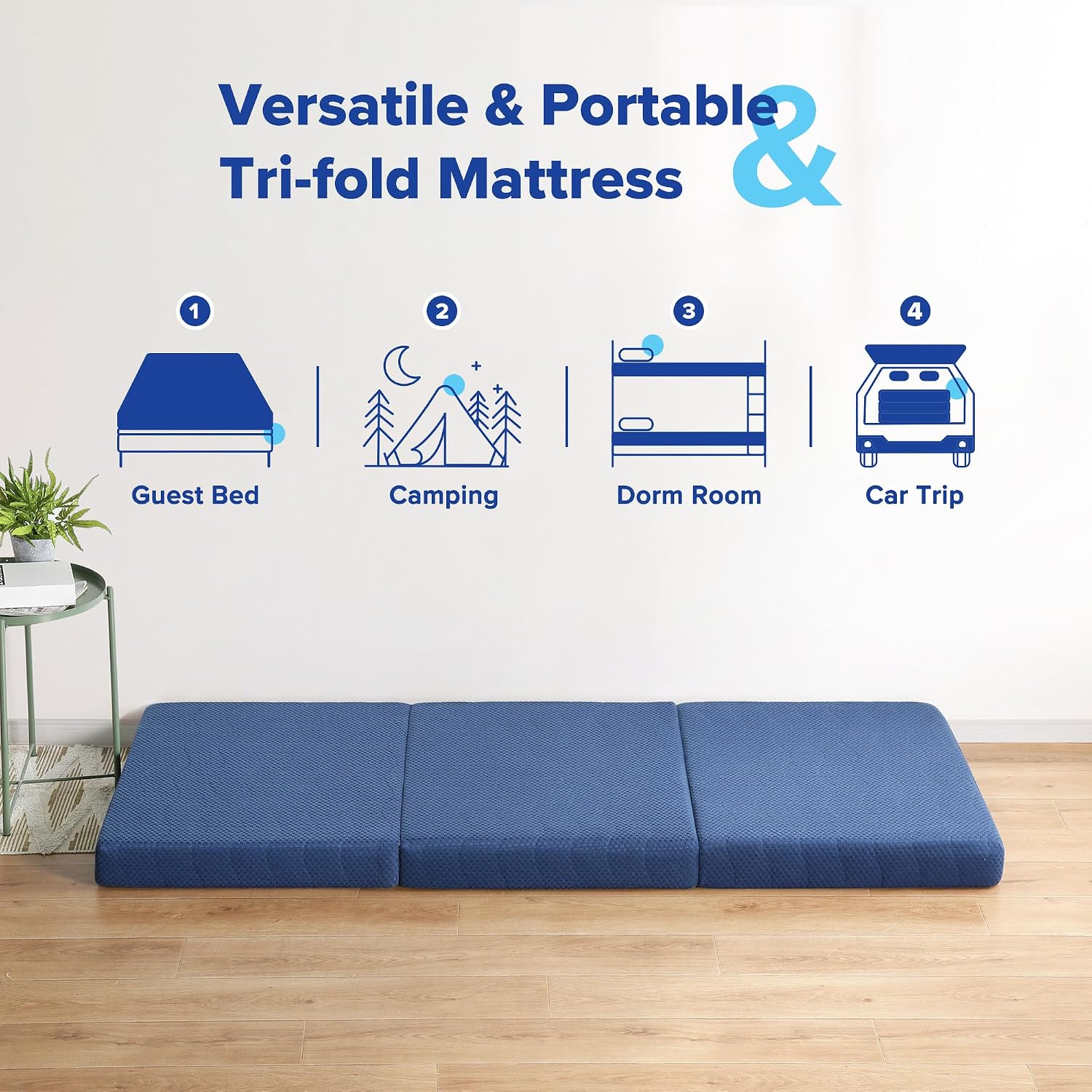 Olee Sleep Tri-Folding Memory Foam Mattress Topper, 4 Inch Gel Folding Mattress for Camping, Foldable Guest Bed, Washable Cover, CertiPUR-US Certified, Soft, Blue, Single Size