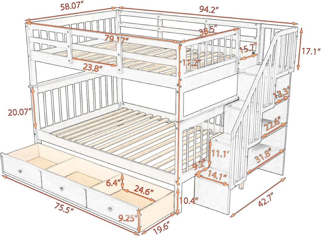 Harper & Bright Designs Full-Over-Full Bunk Bed with Storage Drawers, Soild Wood Stairway Bunk Bed with Full-Length Guard Rail Can Be Divided into 2 Beds for Boys Girls, No Box Spring Needed(Grey)