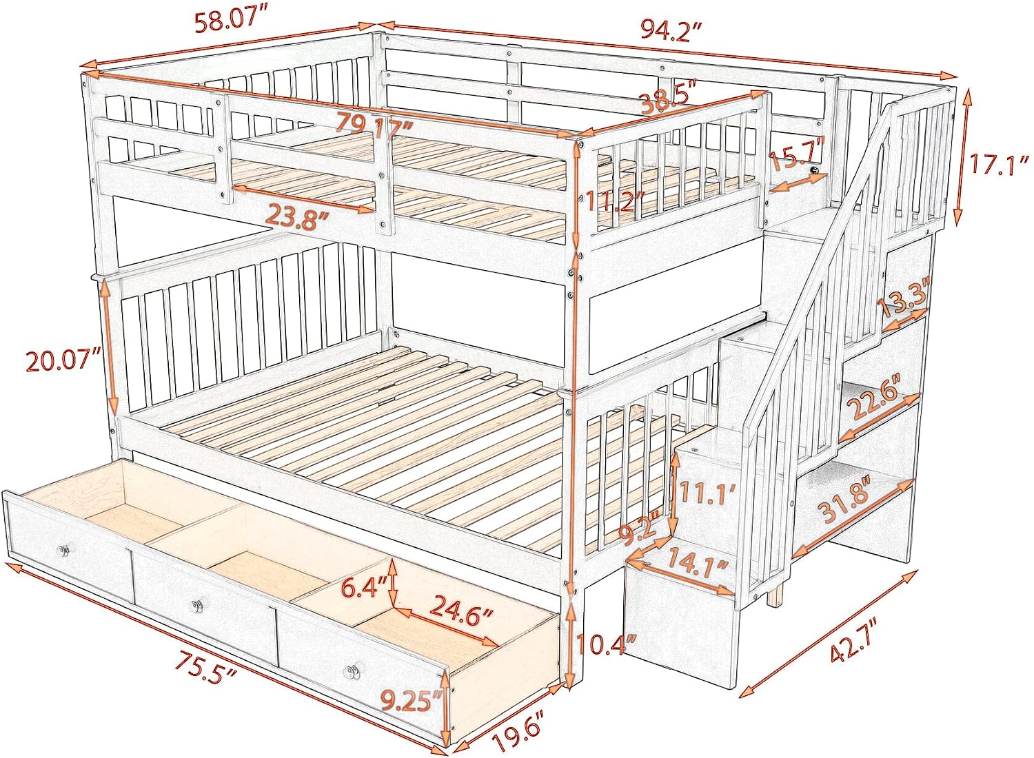 Harper & Bright Designs Full-Over-Full Bunk Bed with Storage Drawers, Soild Wood Stairway Bunk Bed with Full-Length Guard Rail Can Be Divided into 2 Beds for Boys Girls, No Box Spring Needed(Grey)