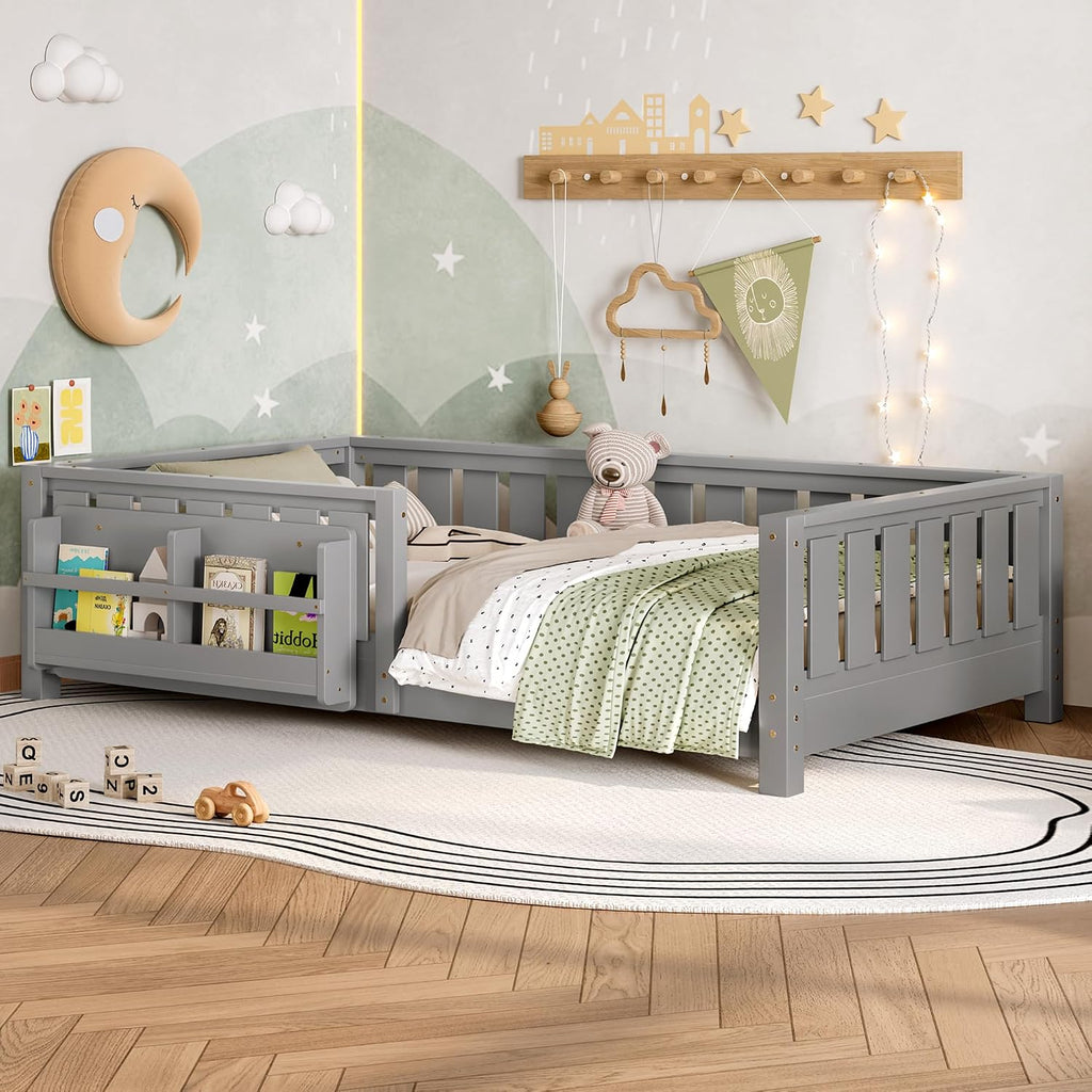 Bellemave Gray Montessori Floor Bed with Fence and Slats, Twin Size Montessori Floor Bed with Bookcase and High Rails, Easy Assemble Bed Frame for Girls, Boys, Twin