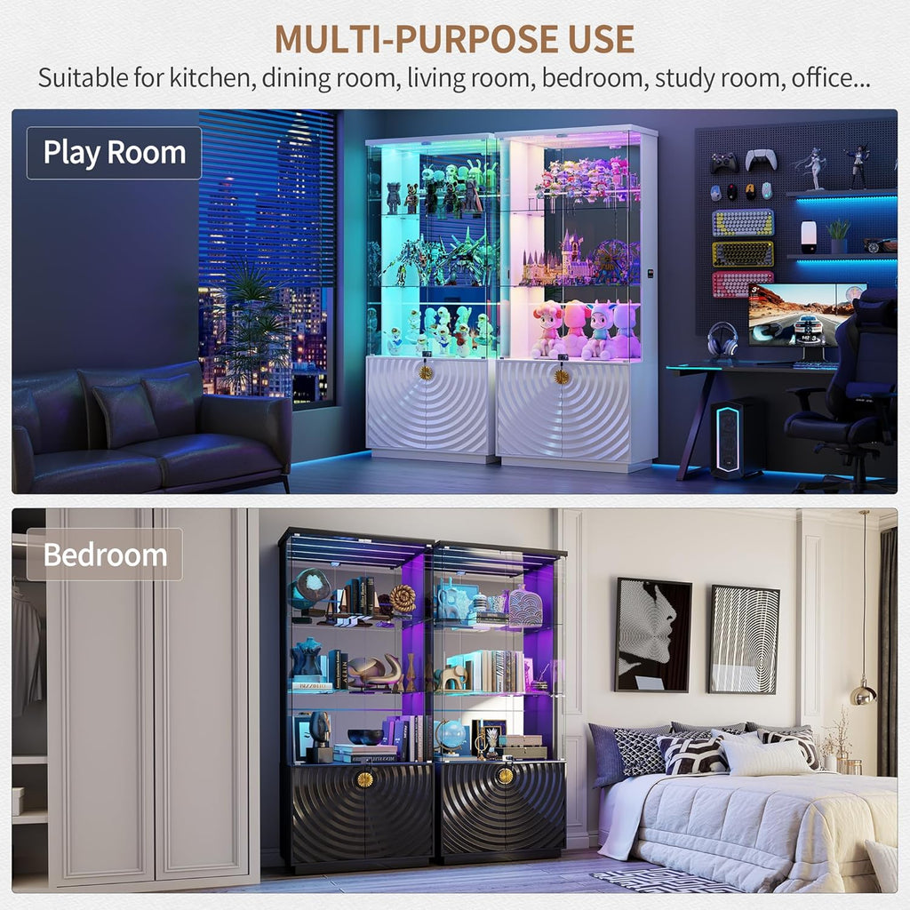 71'' Display Cabinet with Glass Doors,4-Tier Curio Black Cabinet with 3-Color Lights for Collectibles,Lockable Glass Display Case with Human Body Sensor,Tall Bookcase w/Shelves&Door Panel