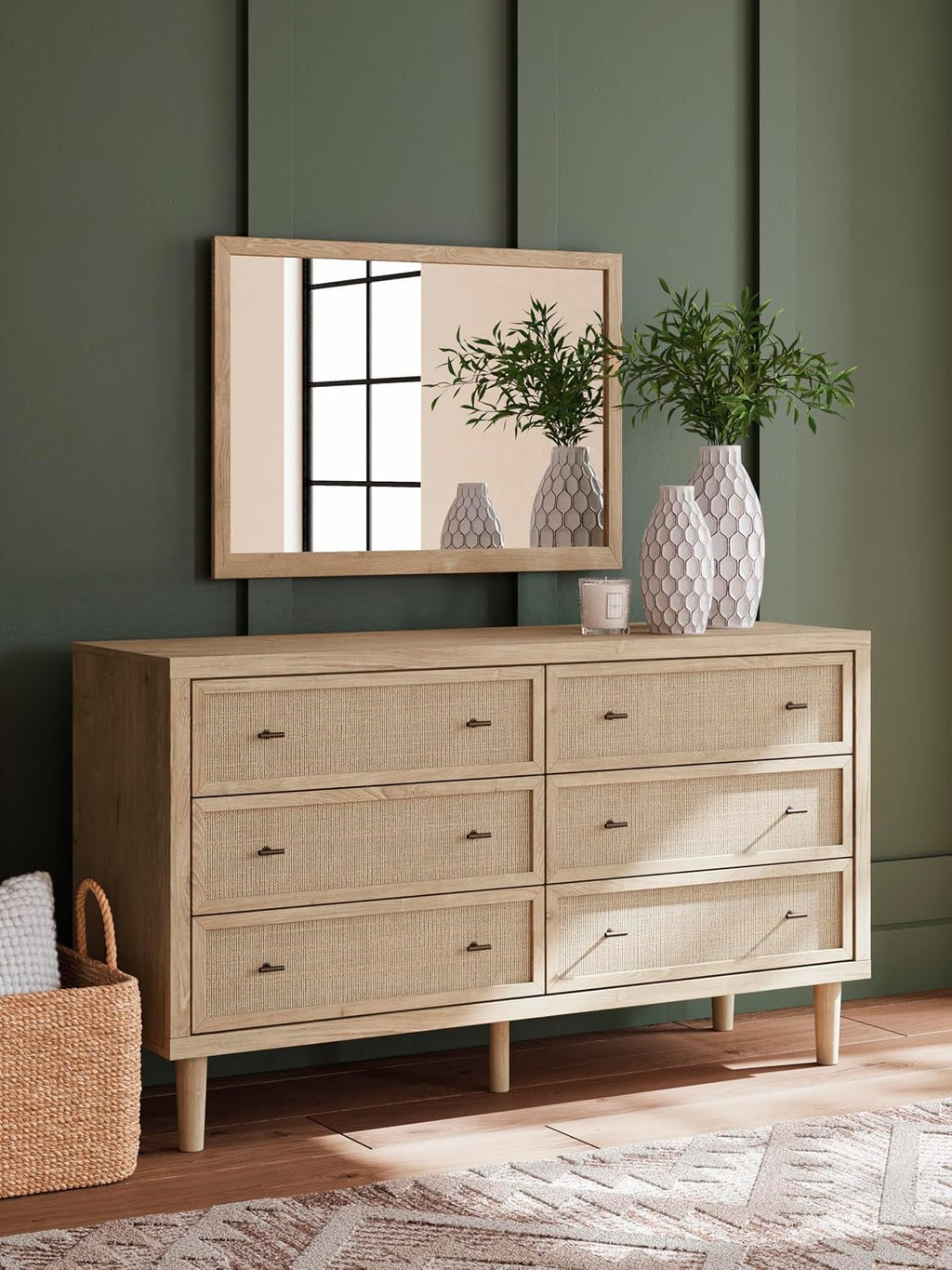 Signature Design by Ashley Cielden French Country 6-Drawer Dresser and Mirror with Safety Stop, Light Brown