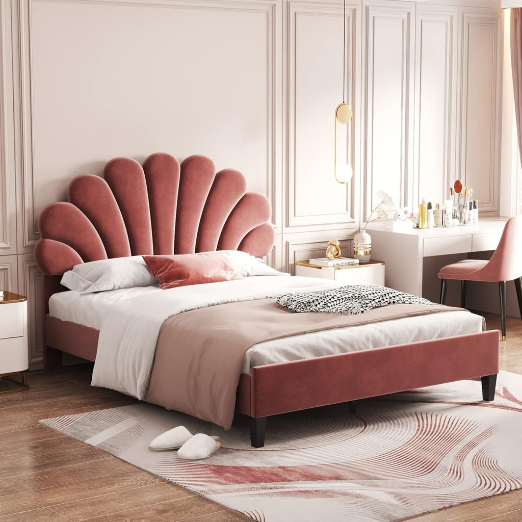 Merax Full Size Upholstered Platform Bed Wooden Frame with Flower Pattern Velvet Headboard for Bedroom,Boys Girls,Bean Paste Red