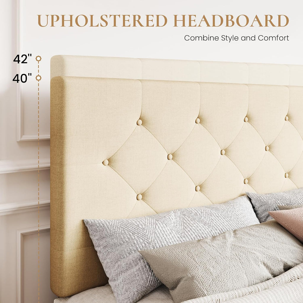 SHA CERLIN Upholstered Full Size Platform Bed Frame with 4 Storage Drawers, Adjustable Headboard with Diamond Stitched Button Tufted Design, Wooden Slat Support, No Box Spring Needed, Beige