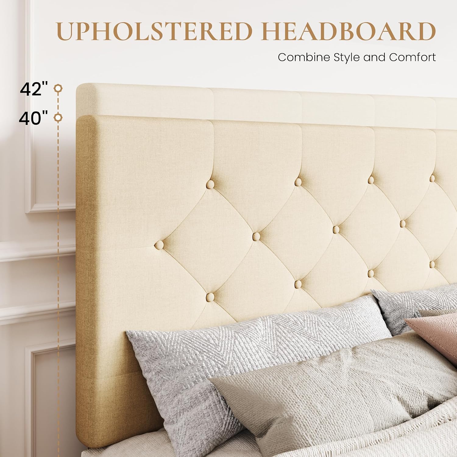 SHA CERLIN Upholstered Full Size Platform Bed Frame with 4 Storage Drawers, Adjustable Headboard with Diamond Stitched Button Tufted Design, Wooden Slat Support, No Box Spring Needed, Beige