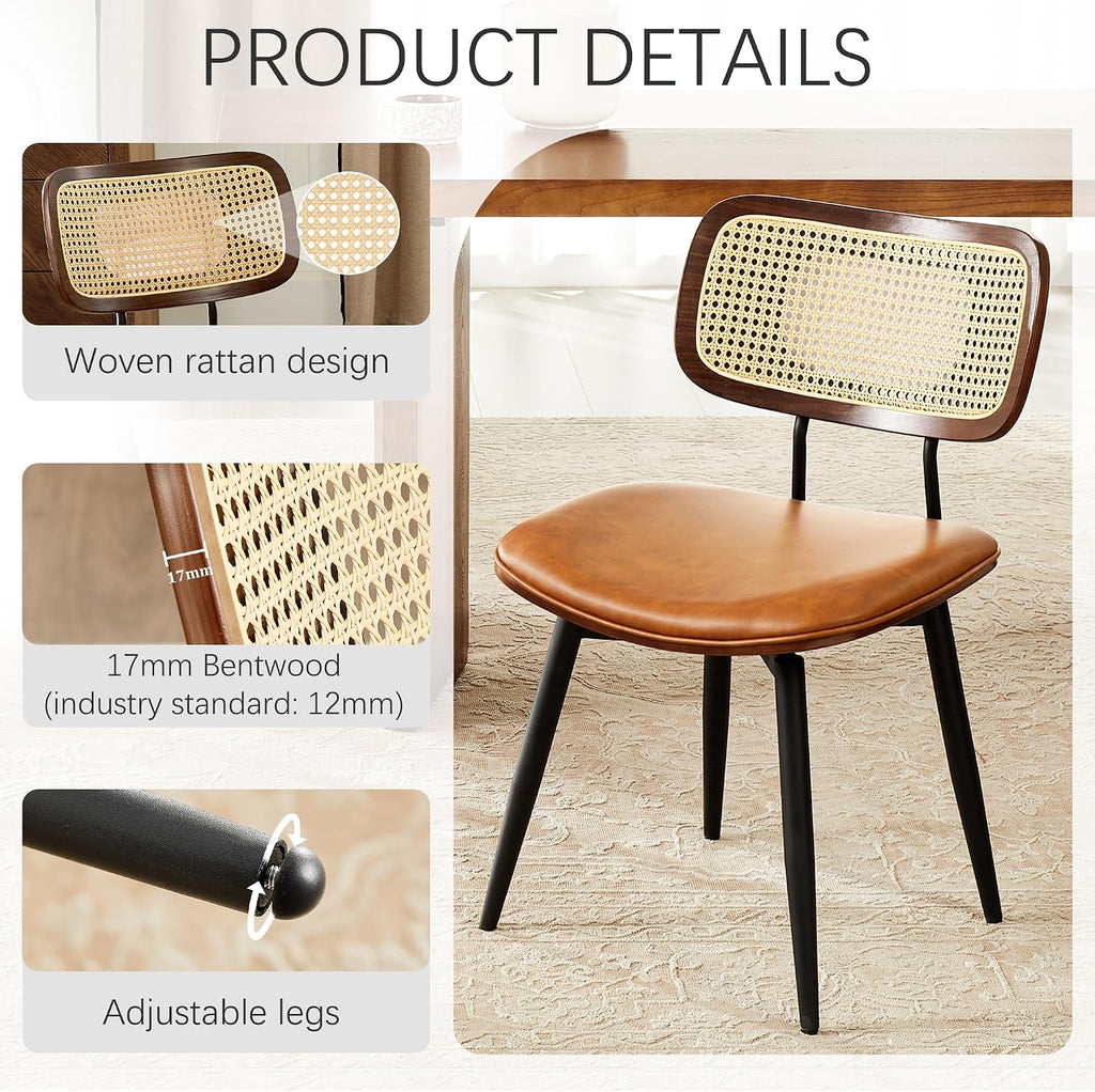 Dining Chairs, Swivel Dining Chairs Set of 4, Faux Leather & Rattan Walnut Dining Room Chairs, Bentwood & Metal Frame Upholstered Chairs with 360°Rotation, Modern Kitchen/Living Room Chair (Brown)