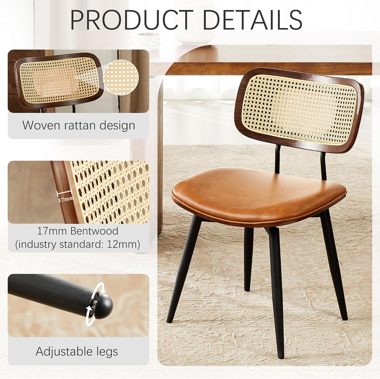 Dining Chairs, Swivel Dining Chairs Set of 4, Faux Leather & Rattan Walnut Dining Room Chairs, Bentwood & Metal Frame Upholstered Chairs with 360°Rotation, Modern Kitchen/Living Room Chair (Brown)