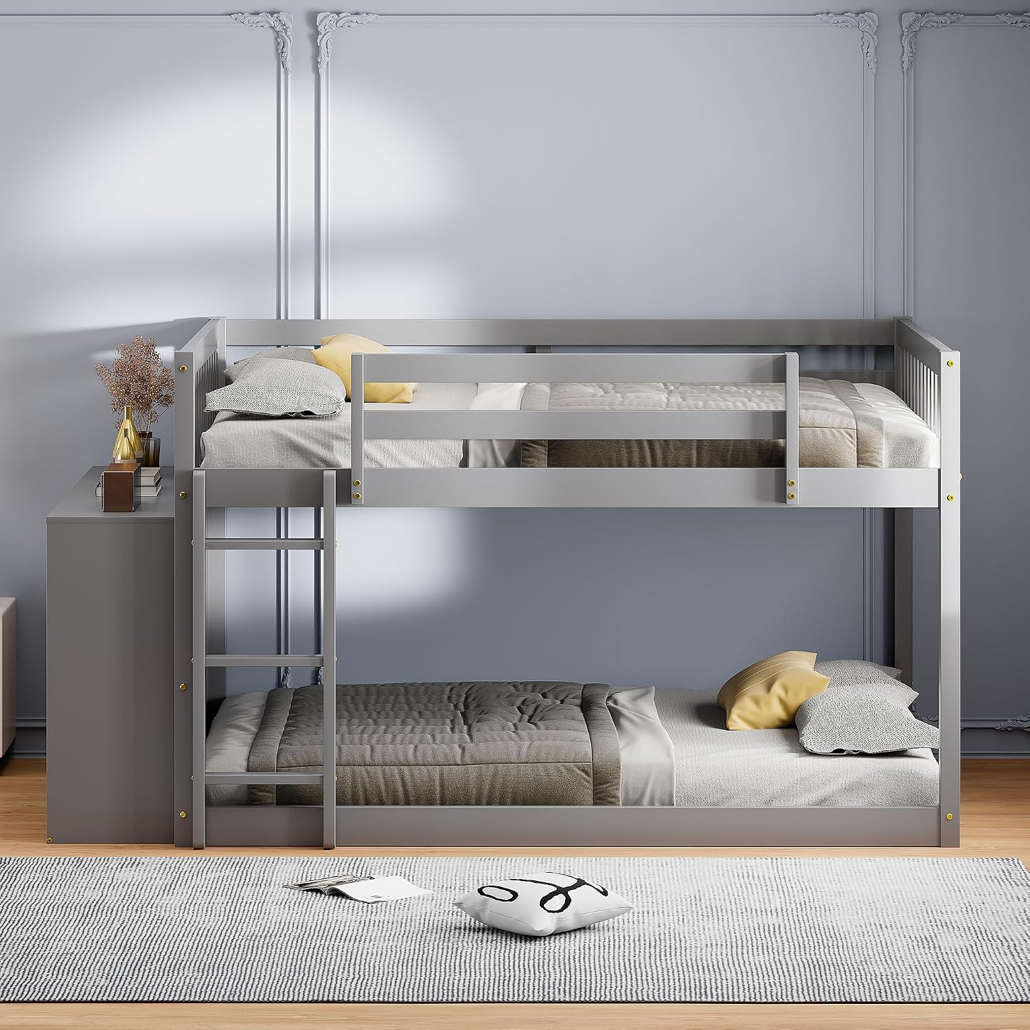 Merax Full Over Full Bunk Bed with 4 Storage Drawers and 3 Shelves, Wooden Floor Bunk Bedframe with Guardrail & Ladders, No Box Spring Needed, Easy Assembly