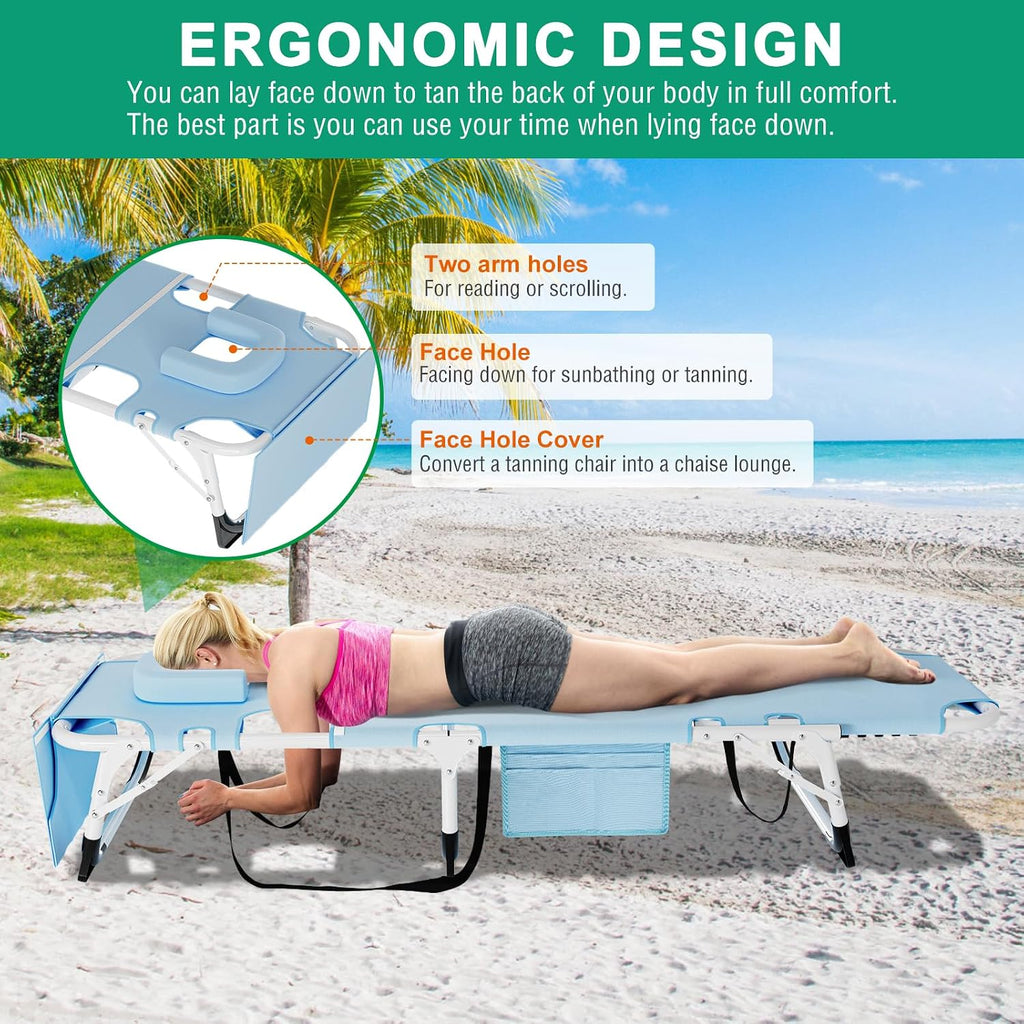 LILYPELLE 3in1 Sun Tanning Chair with Mattress, Heavy Duty Lounger Chairs with Face Arm Hole, Removable Pillow, Outside Chaise Lounge Chair for Sunbathing, Patio, Poolside, Lawn, Beach