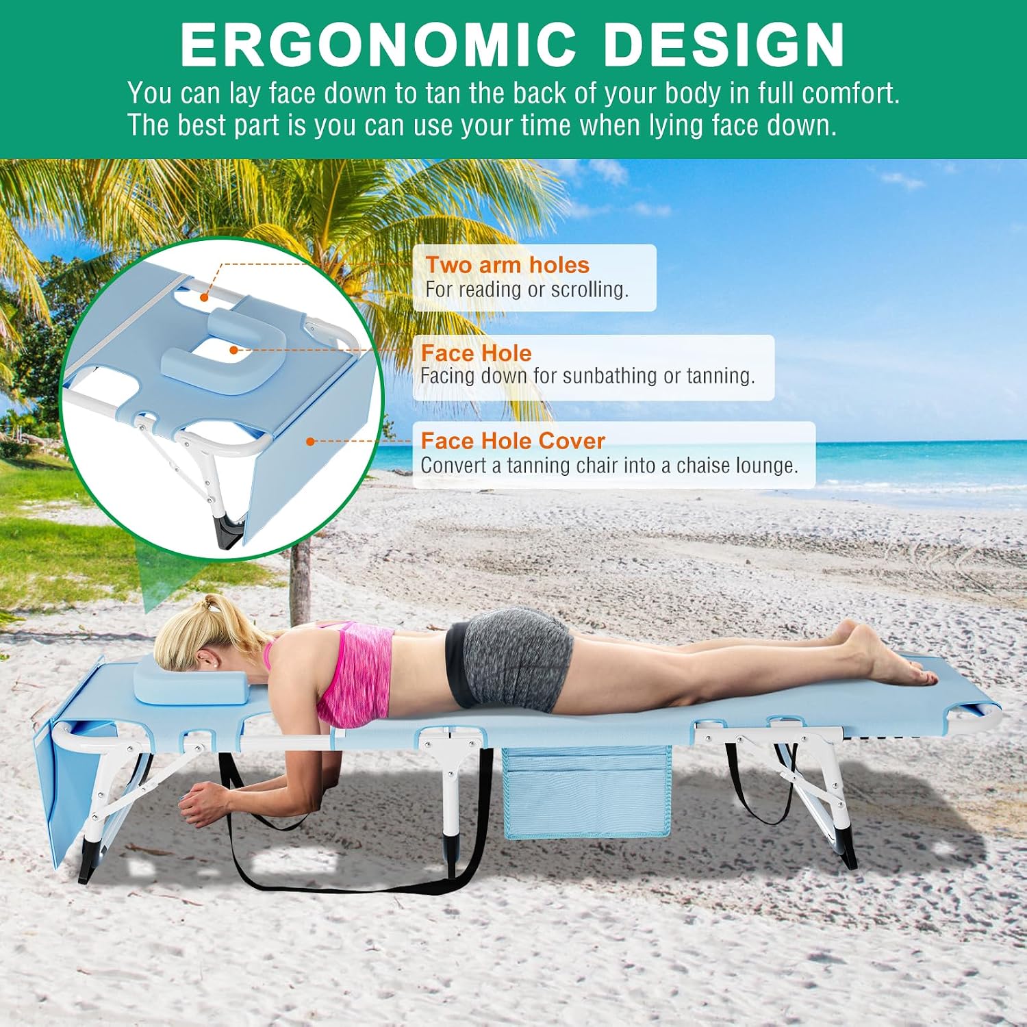 LILYPELLE 3in1 Sun Tanning Chair with Mattress, Heavy Duty Lounger Chairs with Face Arm Hole, Removable Pillow, Outside Chaise Lounge Chair for Sunbathing, Patio, Poolside, Lawn, Beach