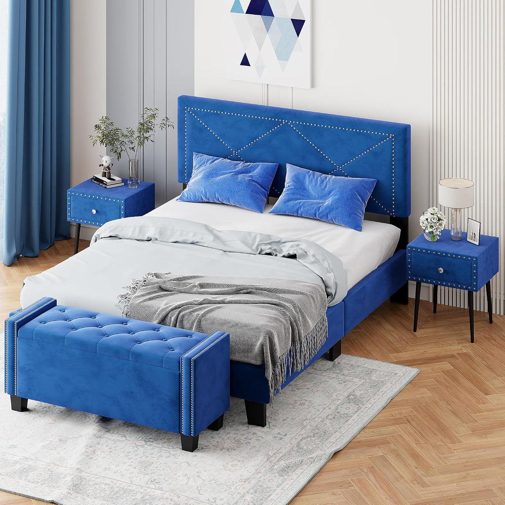Full of Luxury 4-Pieces Bedroom Sets Queen Size Upholstered Bed Frame with Rivet Design,2 Nightstands and A Tufted Storage Ottoman for Girls,Boys,Kids,Teens, Adults (Blue-@A)