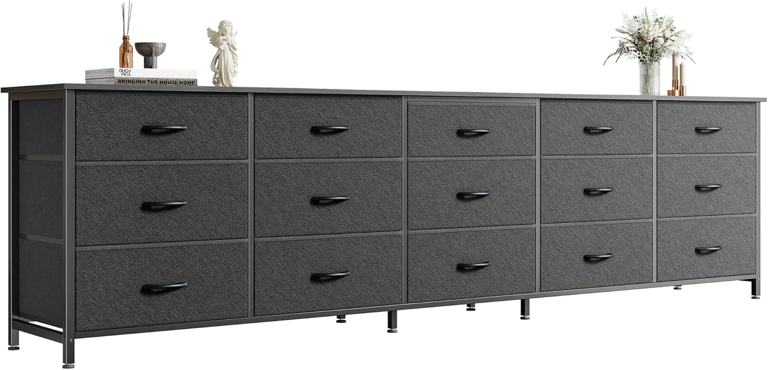 Huuger 78.7 inch Long Dresser for Bedroom, 15 Drawer Fabric Dresser for Closet, Large TV Stand for 65, 75, 85 inch TV, Wide Chest of Drawer with Storage, 78.7' W x 12.9' D x 26.7' H, Black