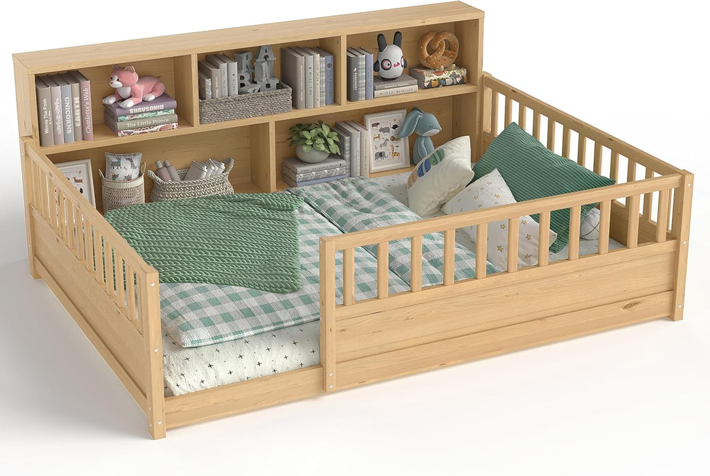 Bellemave Kids Montessori Floor Bed Full Size,Floor Bed Frame with Bookcase and Fence for Kids Boys Girls,Natural
