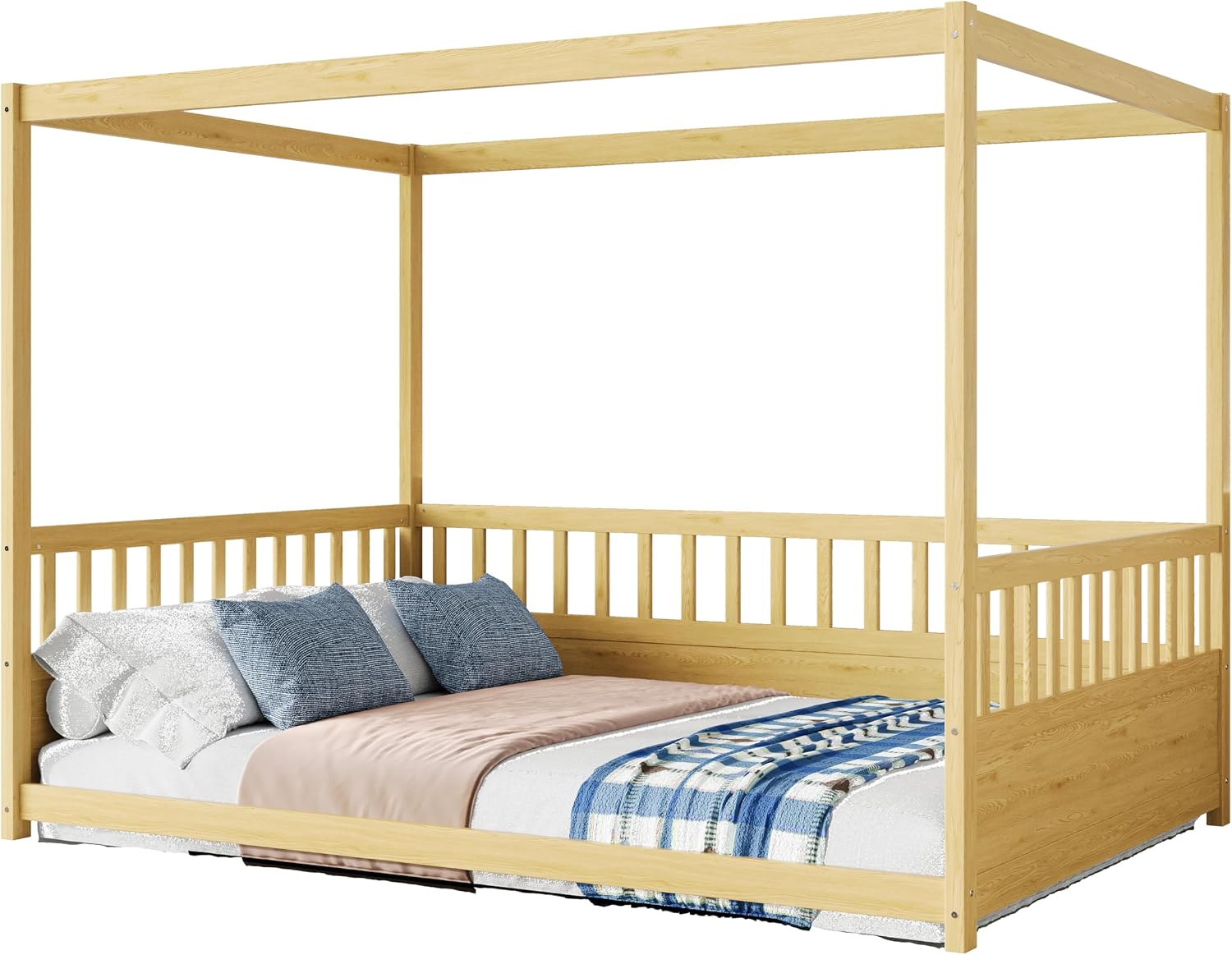 Full Size Canopy Bed Frame with Guardrails,Floor Bed Full with Four Poster Design,Montessori Floor Bed,Wood Canopy Bed Frame for Girls,Boys(Full,Natural)