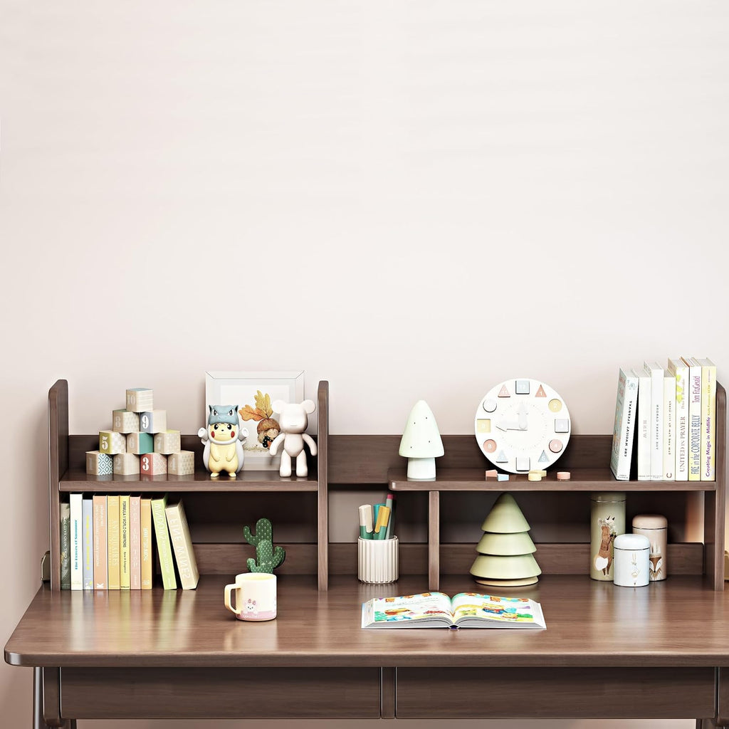 Kids Desk＆Table Rubber Wood Children's Study Desk with Bookshelf and Two Drawers Desk for 3 Years Old and Above Student's Study Computer Workstation & Writing Table for Home Use(Brown
