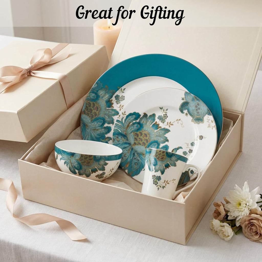 222 Fifth 16-Piece Porcelain Dinnerware Set for 4, Elegant Floral Plates and Bowls Sets-White, Teal, Gold Ceramic Dishes, Chip Resistant Kitchen and Dining Dish Set, Microwave & Dishwasher Safe, Eliza