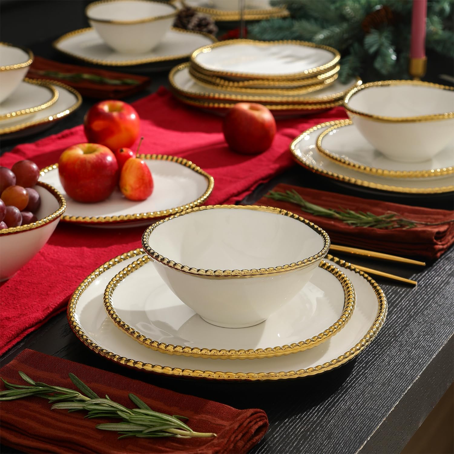 Christian Siriano Akoya Porcelain Dinnerware Set, 24-Piece - Dish Set for 8, Plates and Bowls Set, White and Gold