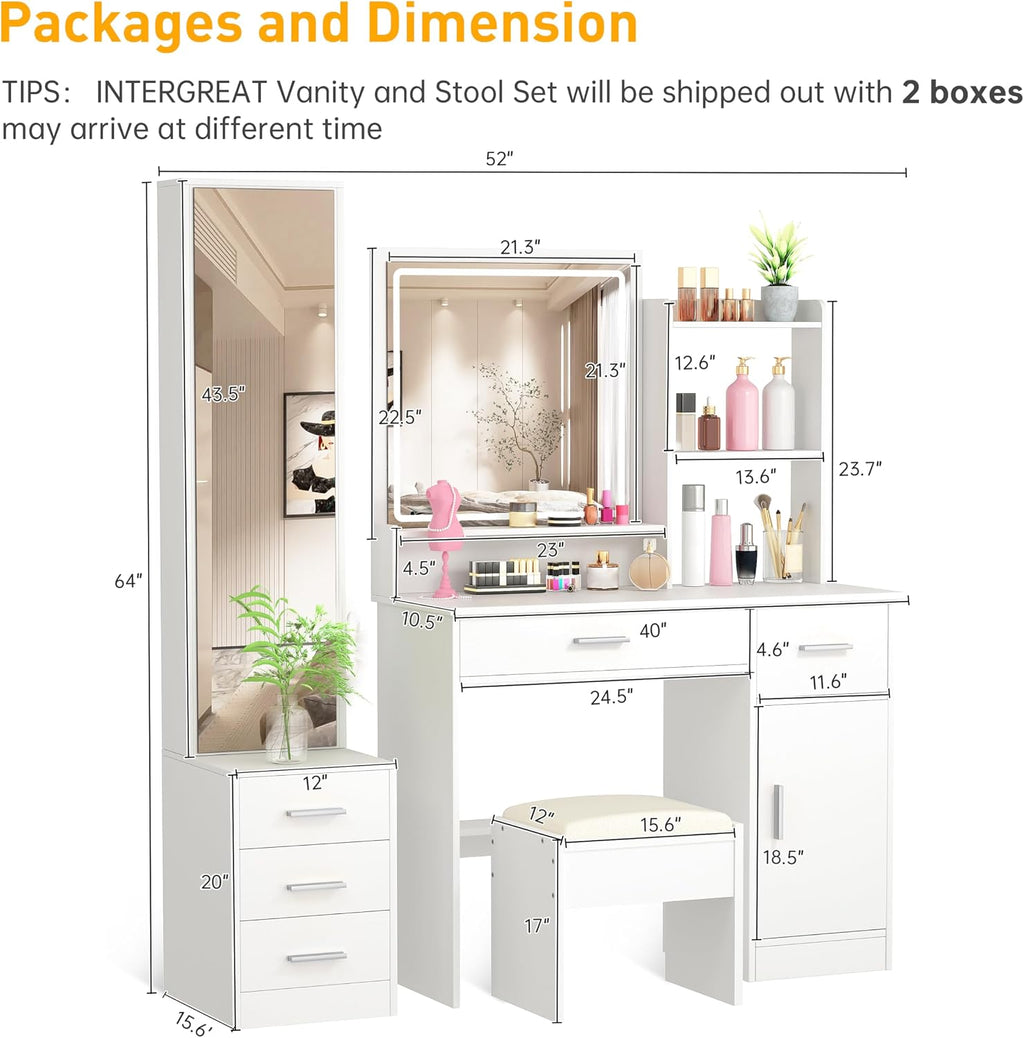 INTERGREAT Makeup Vanity Desk with Lights and Full-Length Mirror, White Vanity Table Set with 3 Lighting Modes, Dressing Table with Drawers, Large Vanity Desk for Women and Girls' Bedroom