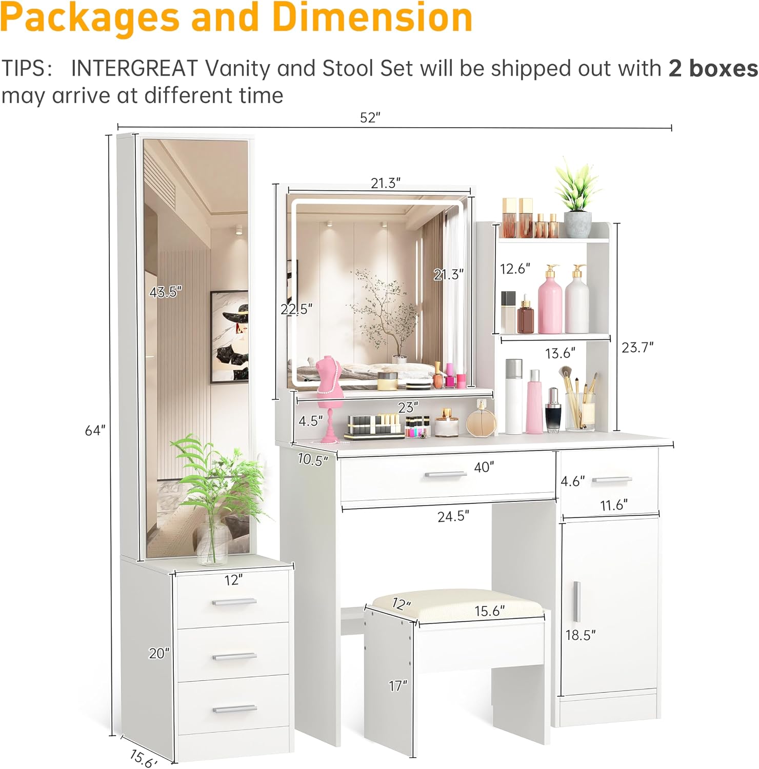 INTERGREAT Makeup Vanity Desk with Lights and Full-Length Mirror, White Vanity Table Set with 3 Lighting Modes, Dressing Table with Drawers, Large Vanity Desk for Women and Girls' Bedroom