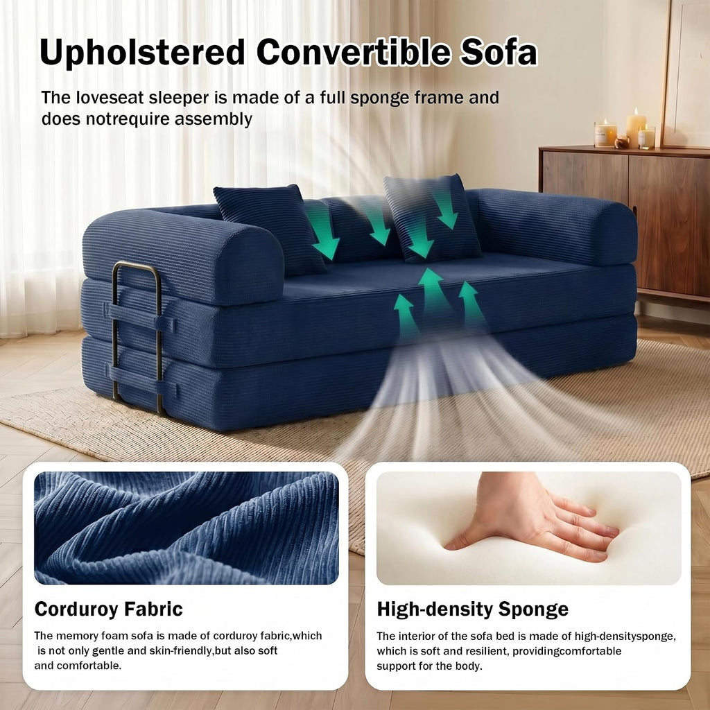 79'' Modular Convertible Sofa Bed, 5-in-1 Folding Corduroy Sleeper, Pull Out Floor Couch for Home Office Living Room with Mattress, No Assembly (Blue)