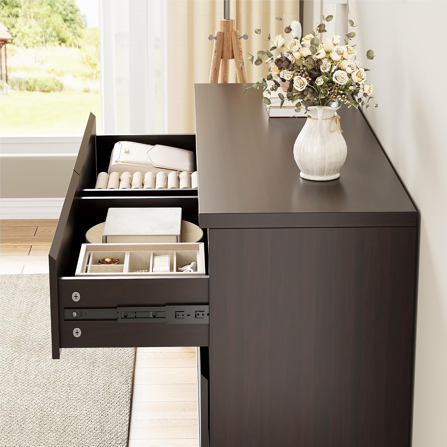 Jocoevol Modern 6 Drawer Dresser Brown Dresser for Bedroom, Simply Chest of Drawers, Wood Storage Dresser with Deep Drawers for Living Room Hallway Entryway, Brown