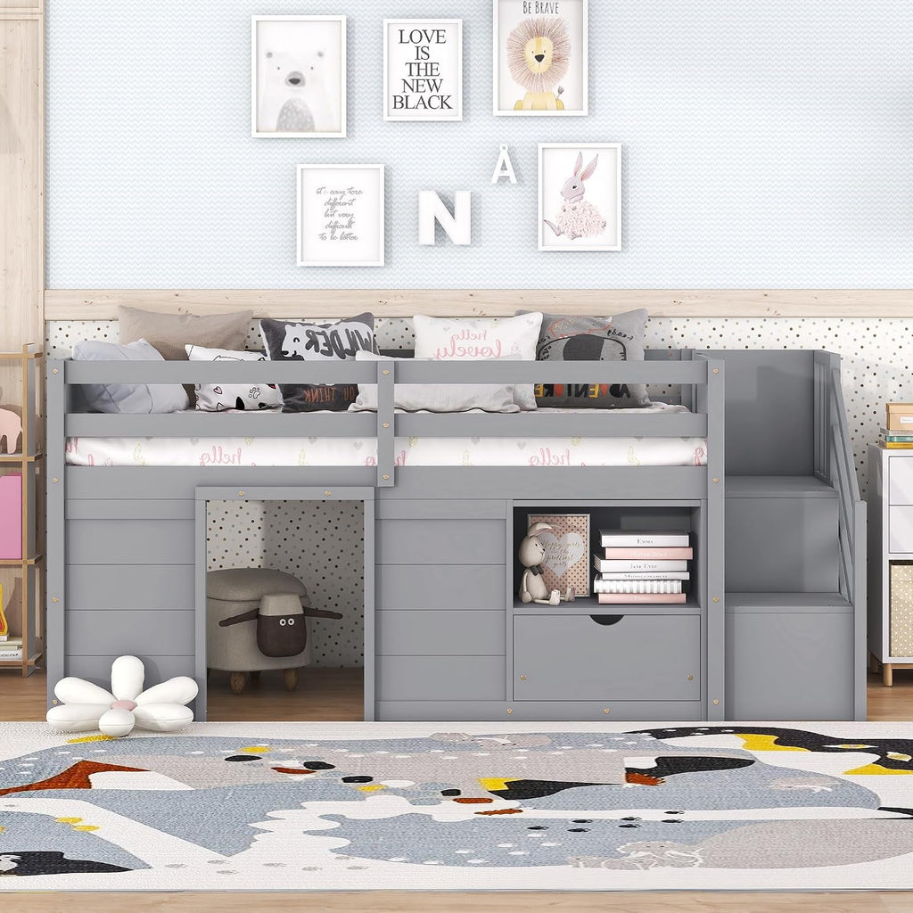 JIVOIT Twin Size Loft Bed with Bookshelf and Storage Drawer, Storage Staircase and Window Design, Wooden Low Loft Bed Frame with Full-Length Guardrail for Kids Teens (Gray, Bookshelf+Drawer 7)