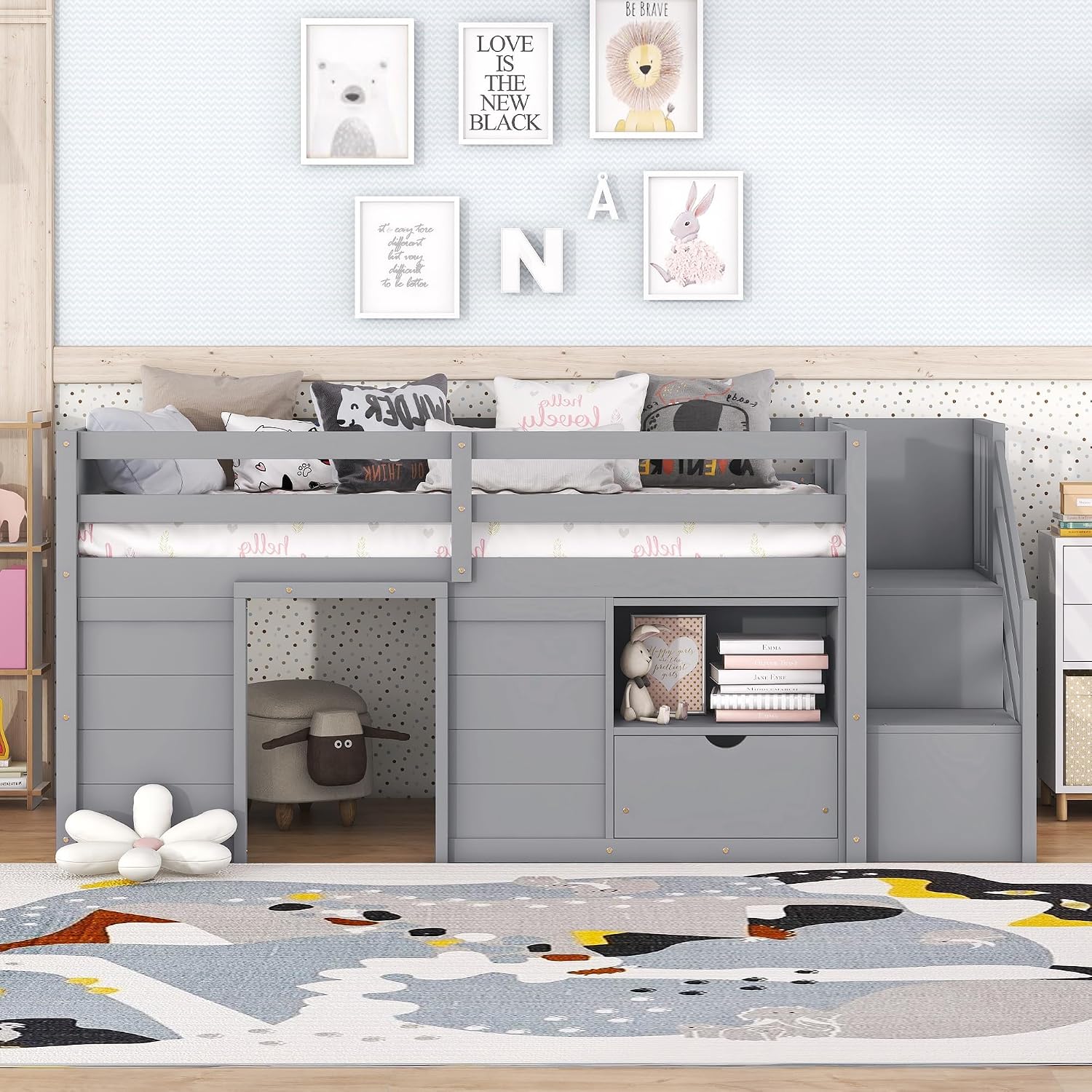 JIVOIT Twin Size Loft Bed with Bookshelf and Storage Drawer, Storage Staircase and Window Design, Wooden Low Loft Bed Frame with Full-Length Guardrail for Kids Teens (Gray, Bookshelf+Drawer 7)