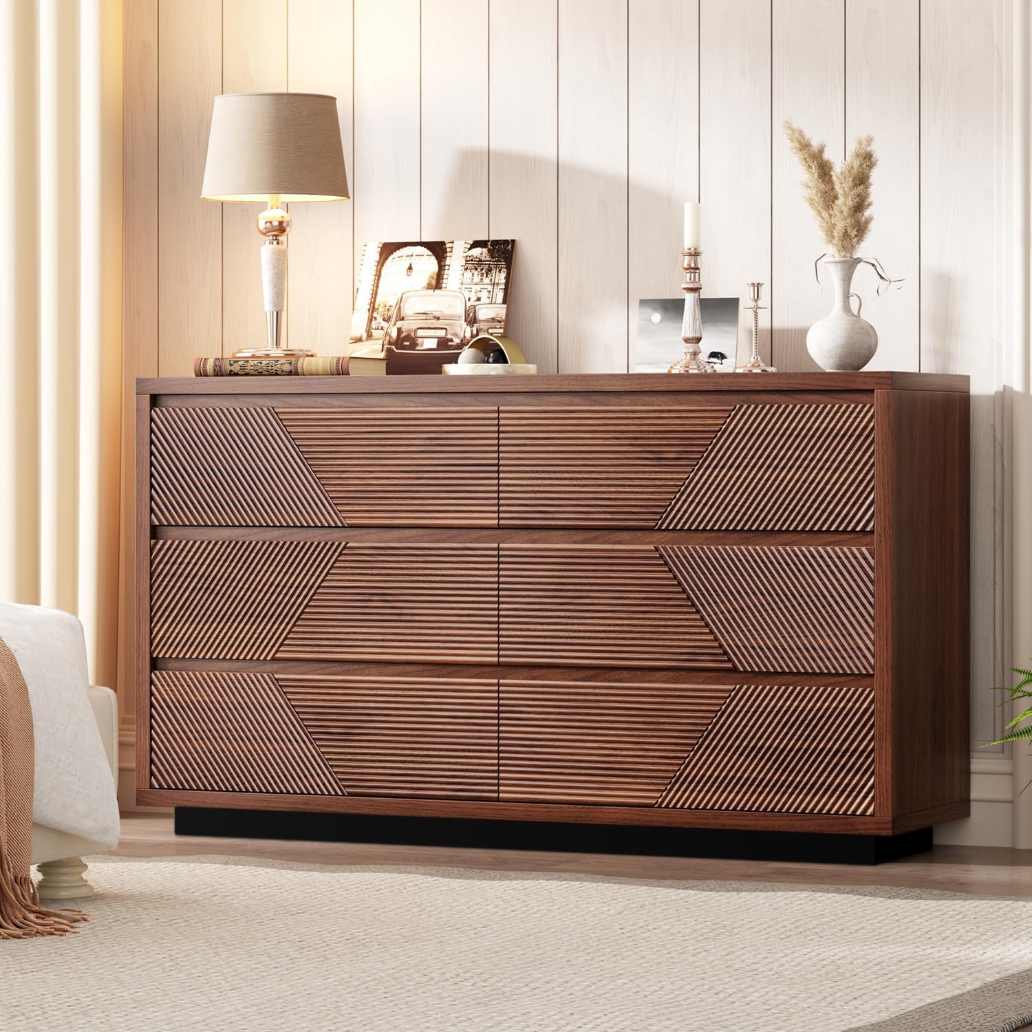 Ieejdn 55.12' Modern Chest of Drawer, 6 Deep Drawers,Clothes Organizer,Large Storage Cabinet for Living Room, Bedroom,Dresser TV Stand, Wood Drawer Organizer for Living Room, Hallway, Umber