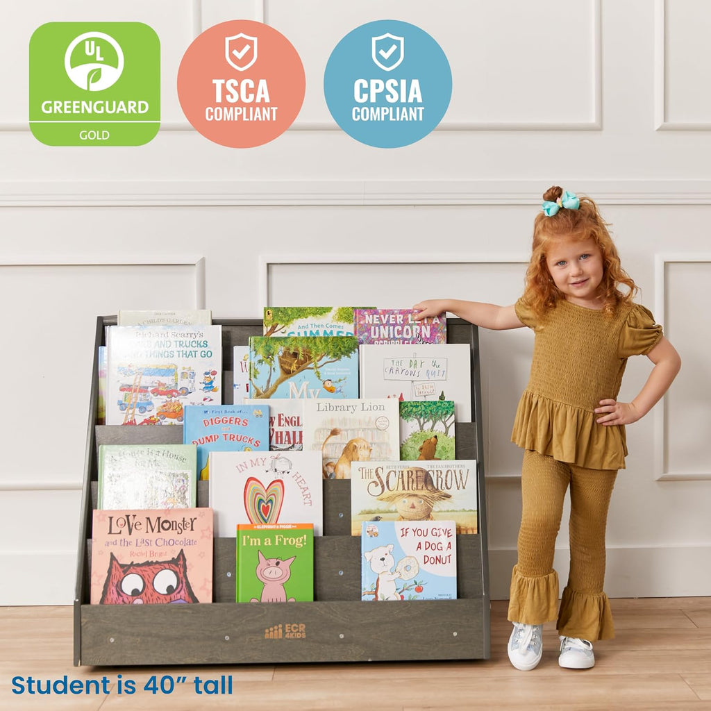 ECR4Kids Double-Sided Mobile Book Display with Storage Shelves, Classroom Bookshelf, Grey Wash