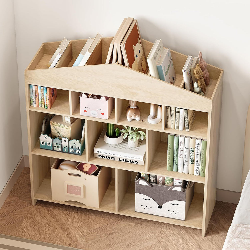 IDEALHOUSE Toy Storage Organizer 9-Cubby Kids Bookshelf 40.7in Width Bookcase Toddlers Playhouse Cabinet Shelf for Boys Girls Wooden Cubby Storage Toy Shelf for Playroom, Nursery, Kids Room