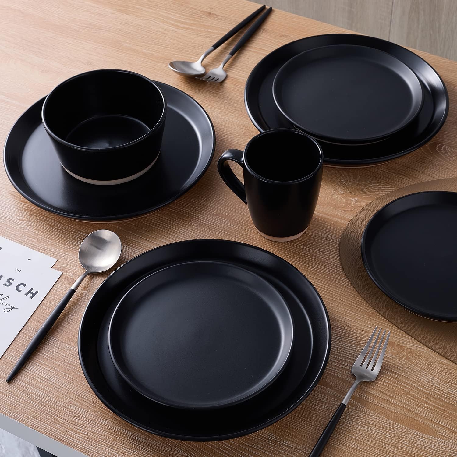 Stone Lain Jules Stoneware 32-Piece Modern Dinnerware Set, Plates and Bowls, Service for 8, Black, Microwave & Dishwasher Safe