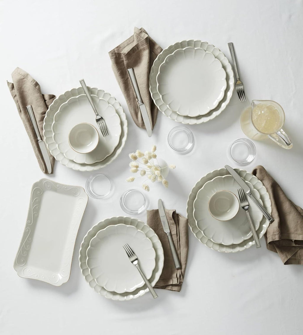 Lenox Stoneware Dinnerware Sets, French Perle Scallop White 12-Piece Dinnerware Set for 4, Service For 4, Dishwasher Safe Dishware, Dishes Set, Stoneware Dinner Plates and Bowls Sets (White, 12 Piece)