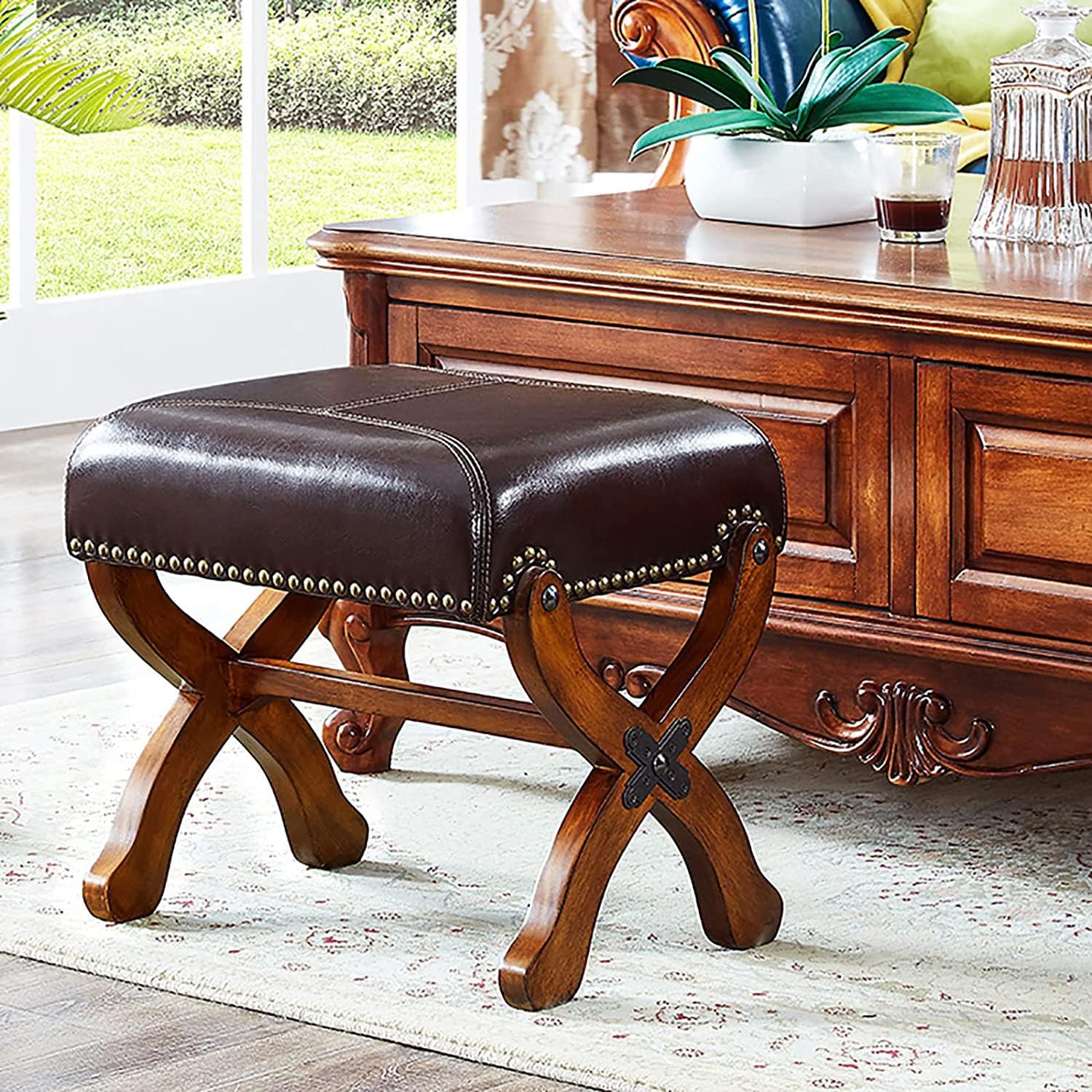 Leather Footrest Wood Ottoman,Rustic Foot Stools Seat, Wood Footstool,Rectangle Footrest Small Ottoman for Living Room Bedroom (Black)