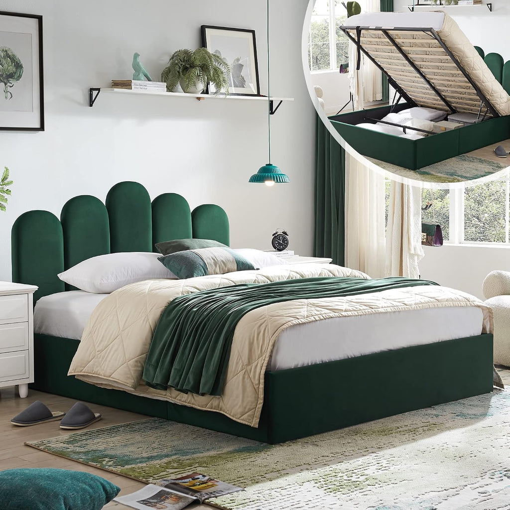 Lift Up Storage Bed Full Size, Upholstered Platform Bed with Hydraulic Storage System & Wood Slats Support, Full Bed Frame with Headboard, No Box Spring Needed, Easy Assembly, Green