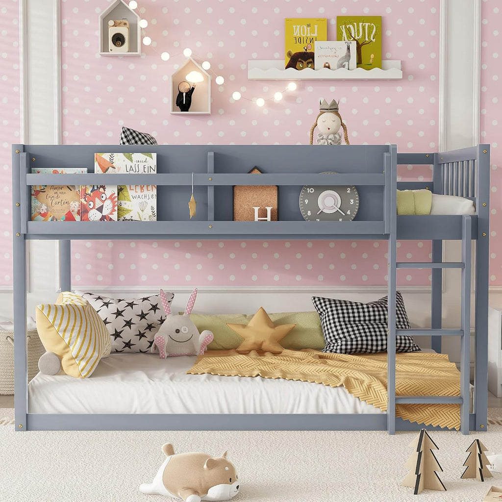 Low Bunk Bed Twin Over Twin for Kids, Wood Floor Bunk Beds with Bookshelf & Ladder, Low Profile Bunked with Full Guardrails for Kids, Juniors, Boys, Girls, Bedroom, Gray