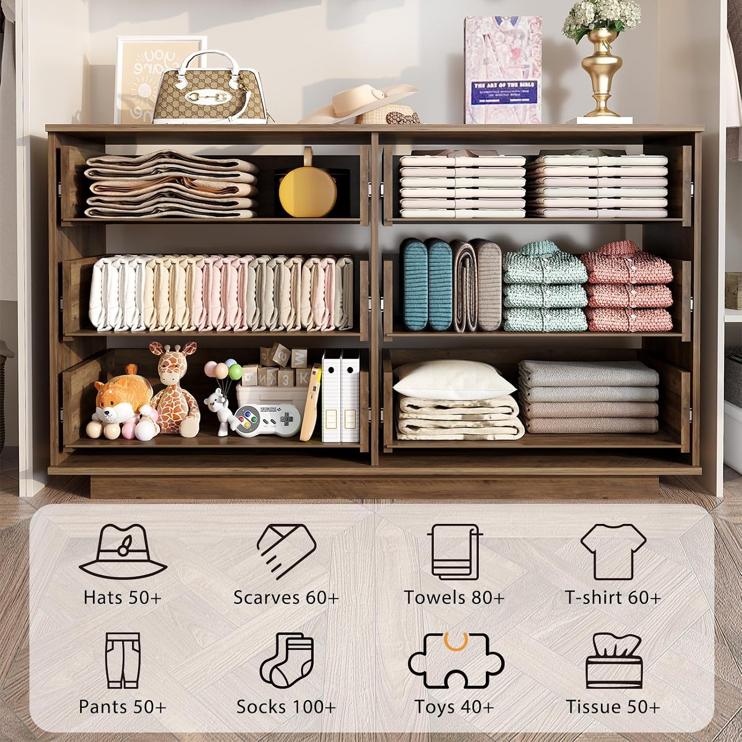 IBF Farmhouse Dresser for Bedroom Modern 6 Drawer Dresser Fluted Chest of Drawers Large Wood Closet Dressers with Anti-Tipping Design for Bedroom, Living Room, Hallway, Entryway, Nursery, Rustic Oak