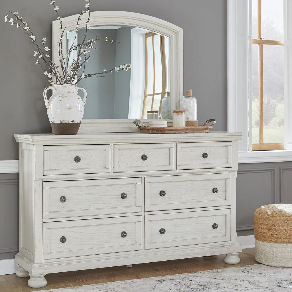 Signature Design by Ashley Robbinsdale Casual Smooth-Gliding 7-Drawer Dresser and Mirror with Safety Stop, Felt-Lined Top Drawers and Pull-Out Tray, White