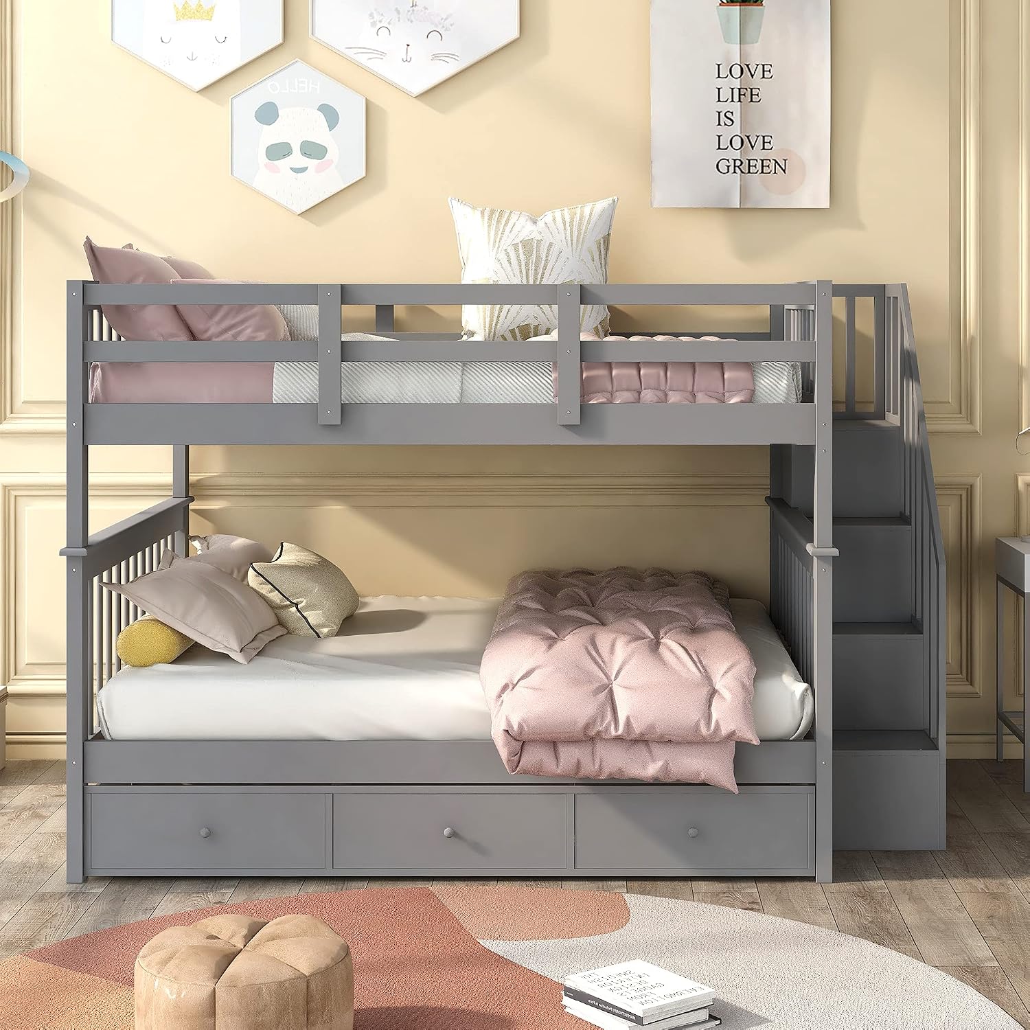 Harper & Bright Designs Full-Over-Full Bunk Bed with Storage Drawers, Soild Wood Stairway Bunk Bed with Full-Length Guard Rail Can Be Divided into 2 Beds for Boys Girls, No Box Spring Needed(Grey)