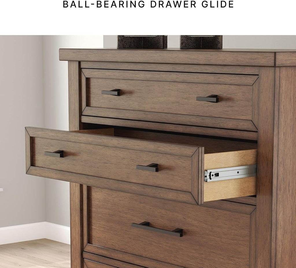 Signature Design by Ashley Taffenbrook Farmhouse 5-Drawer Chest with Felt-Lined Top Drawer and Easy Glide for Bedroom, Dark Brown