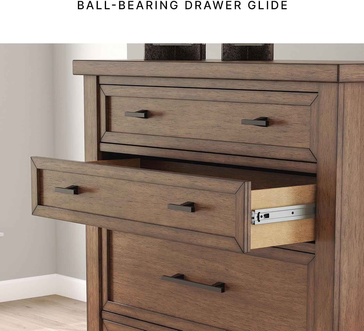 Signature Design by Ashley Taffenbrook Farmhouse 5-Drawer Chest with Felt-Lined Top Drawer and Easy Glide for Bedroom, Dark Brown