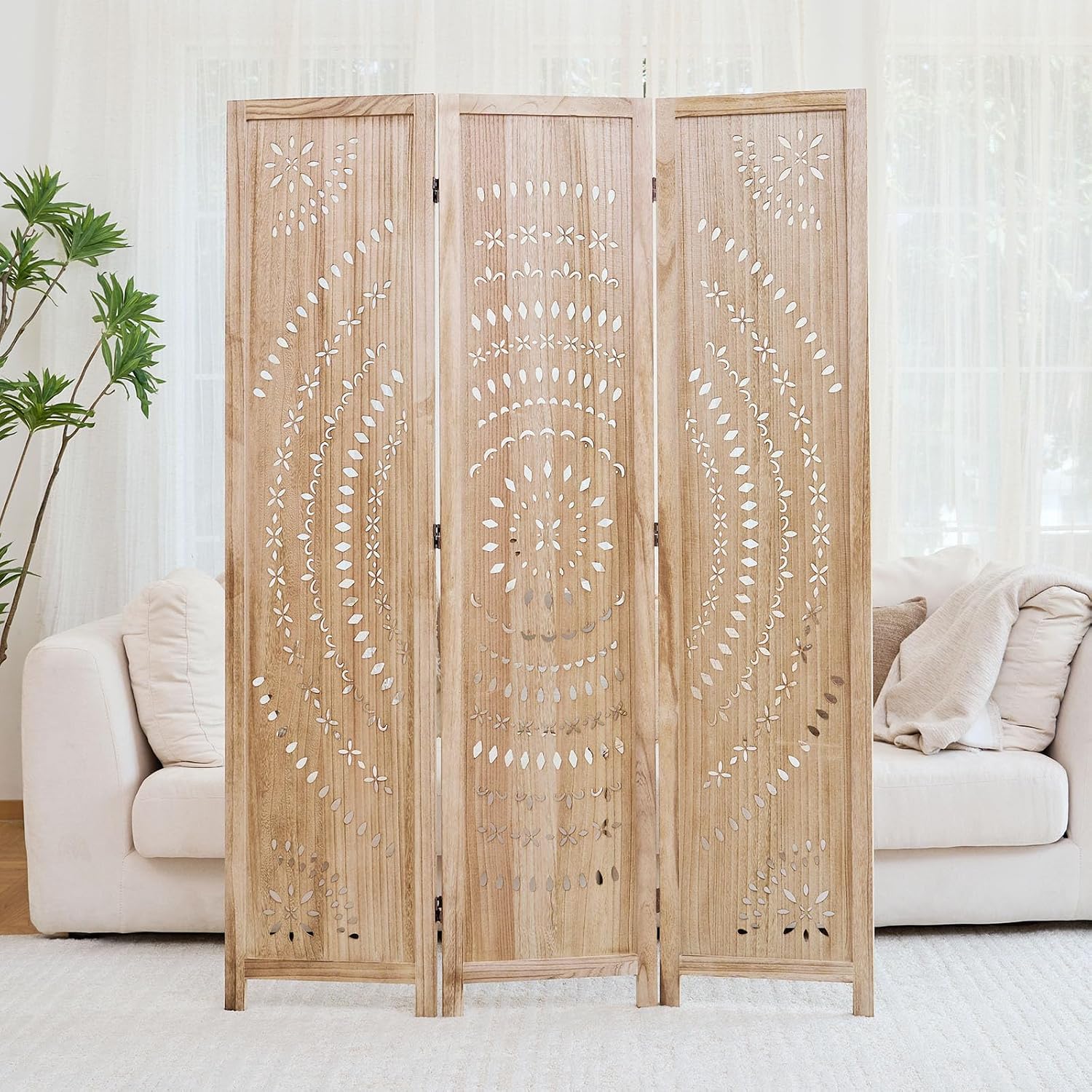 66.9Inch Folding Room Divider, 3 Panels Wood Carved Privacy Screens, Free Assembled Freestanding Partition for Home Office Restaurant Bedroom (Natural)