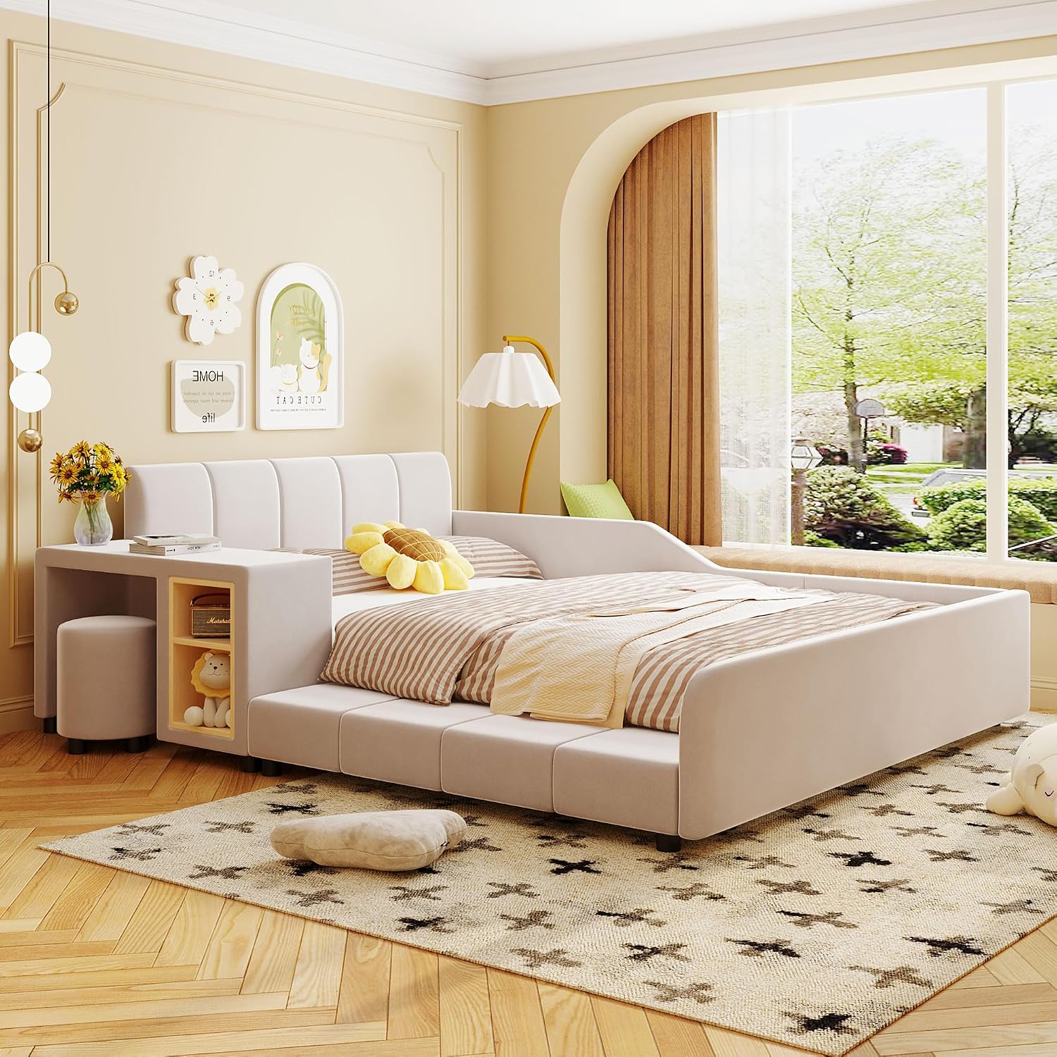 Full Size Upholstered Grounded Bed,Mother & Child Bed with Bedside Desk and Little Round Stool,for Kids Boys Girls Bedroom Use (Beige@Desk/, Full)