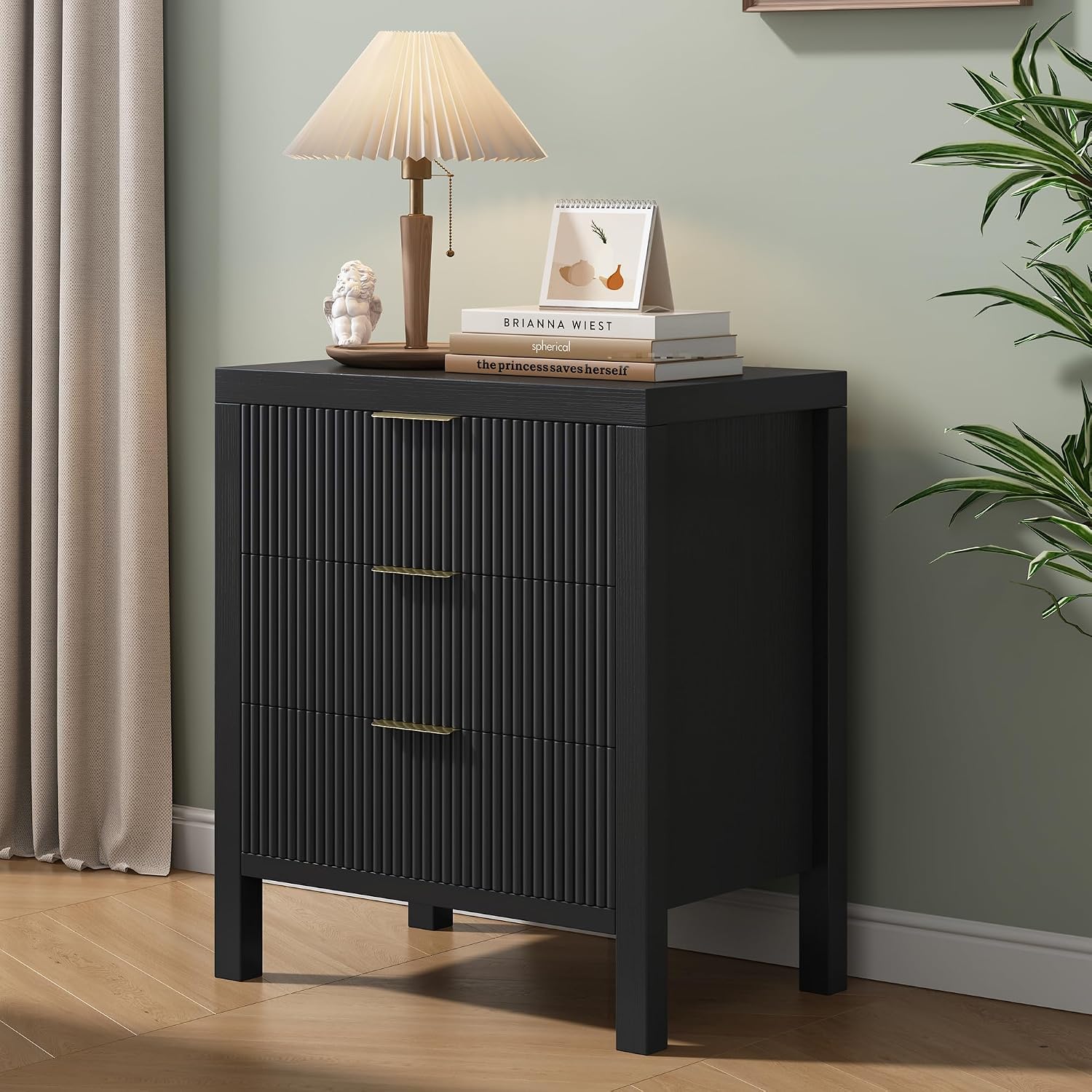 Nightstand Set of 2, Dresser and Nightstand Sets, Bedside Tables, Mid Century Nightstands with 6 Wide Drawers for Bedroom, Kids' Room, Hallway, (Black X 2)