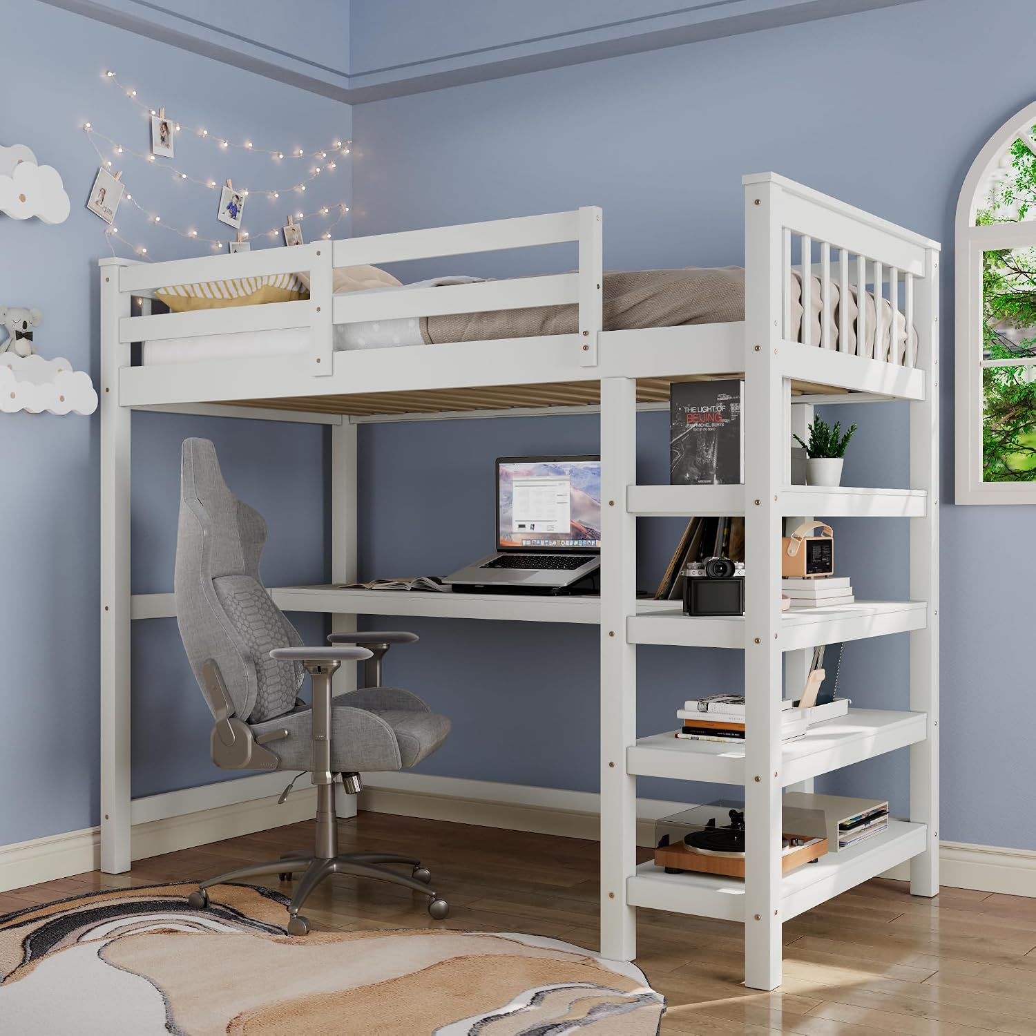 Merax Wood Loft Bed,Loft Bed with Desk and Shelves with 4-Storage Shelves and Under-Bed Desk,Solid Wood Bed, Full Size,White