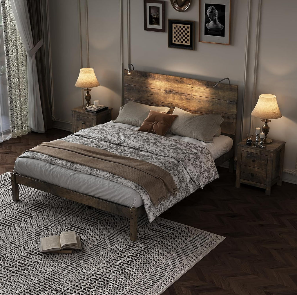 3-Piece Bedroom Set, Full Size Farmhouse Wooden Platform Bed Frame with Headboard and Built-In Lights, 2-Drawer Nightstands,Under-Bed Storage,Easy Assembly (Antique Walnut, Full 3 Piece Set)