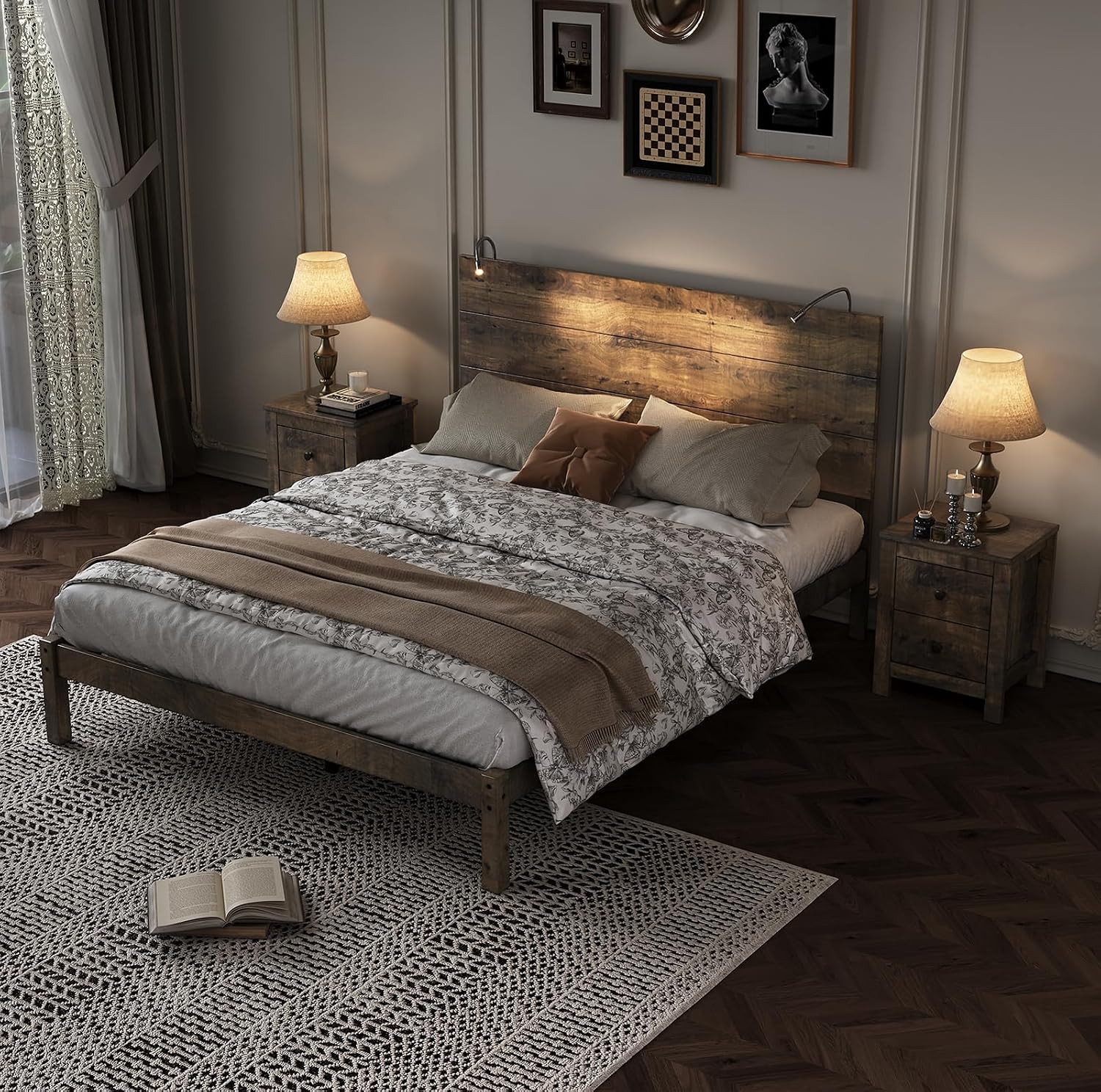 3-Piece Bedroom Set, Full Size Farmhouse Wooden Platform Bed Frame with Headboard and Built-In Lights, 2-Drawer Nightstands,Under-Bed Storage,Easy Assembly (Antique Walnut, Full 3 Piece Set)